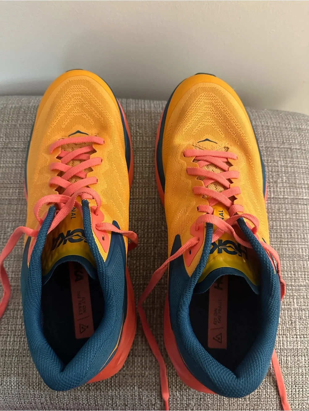 Hoka Women's Yellow Running Shoes with Coral and Navy Accents